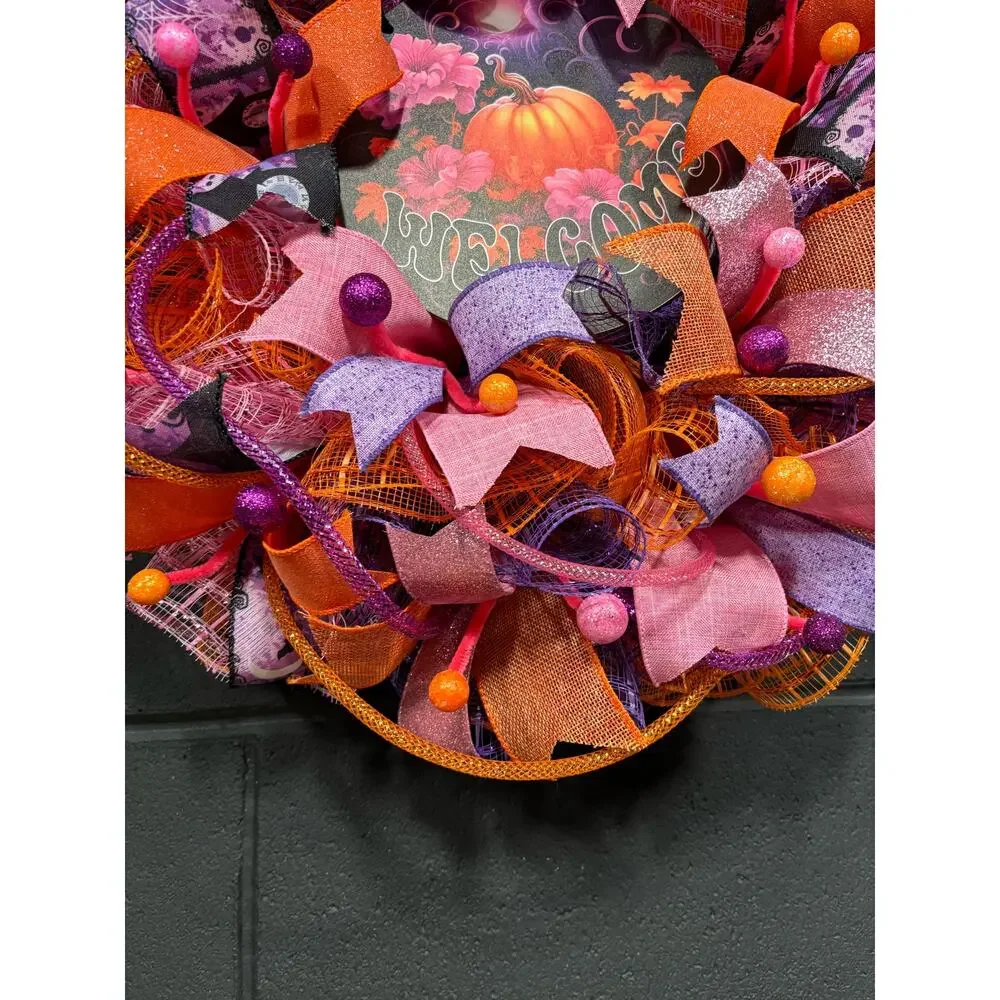 Fall Wreath For Front Door Halloween Pumpkin Orange Pink Purple Handmade 24 inch